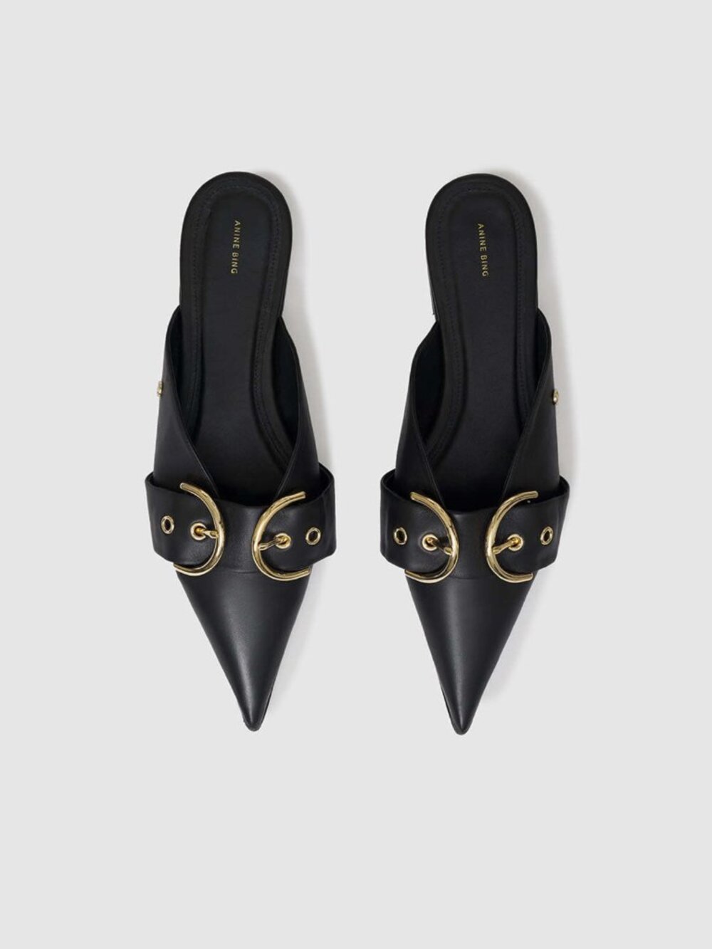 Anine Bing Black Pointed Leather Mule Flats with Gold Buckles